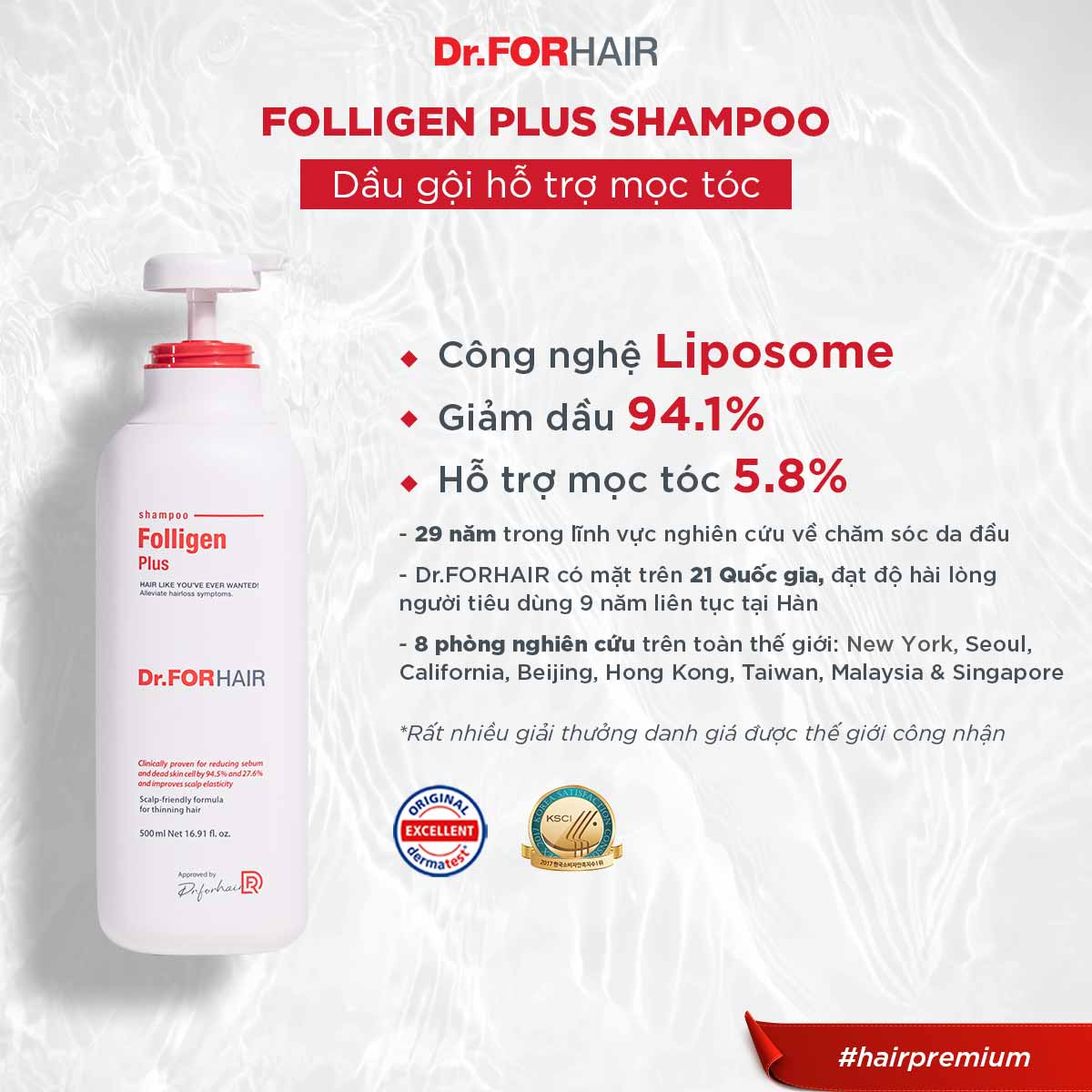 Dầu gội đầu ngăn rụng tóc kích thích mọc tóc Dr.FORHAIR Folligen Plus Shampoo 500ml