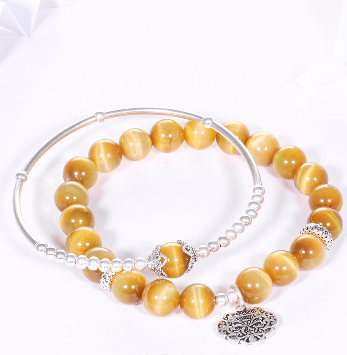 Vòng tay đá thạch anh mắt hổ vàng mix túi cát tường bạc hạt đá 8mm mệnh thổ, kim - Ngọc Quý Gemstones