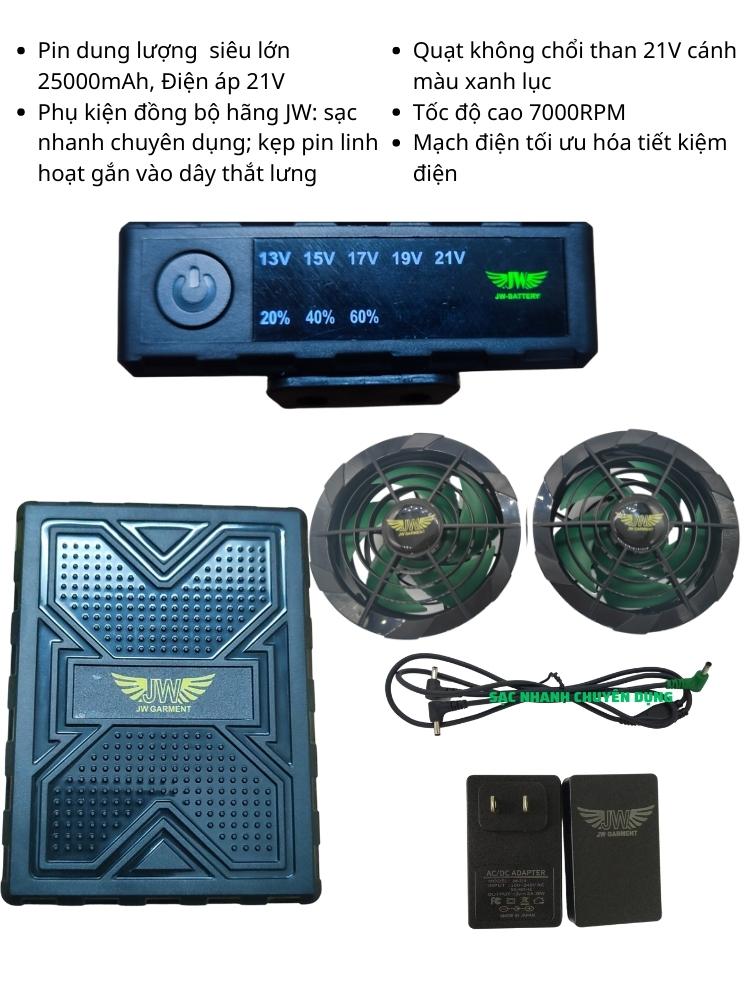 Combo pin quạt áo điều hòa cao cấp Nhật Bản, dung lượng pin khủng 25.000mAh các mức điện áp 21V, quạt không chổi than