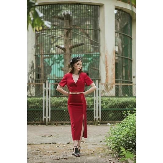 OLALSTUDIO Set áo vest tay ngắn croptop cùng váy midi xẻ tà