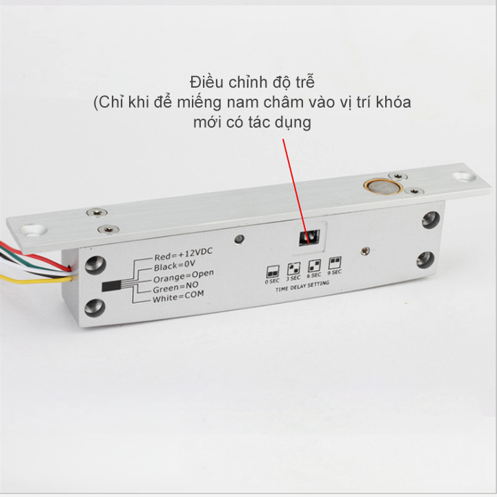 Chốt cửa điện từ thường đóng (cấp điện mở, ngắt điện khóa) 12VDC có độ trễ 0-3-6-9 giây, loại 5 dây