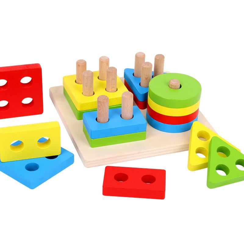 Đồ chơi gỗ montessori thả hình khối 4 cọc cho bé