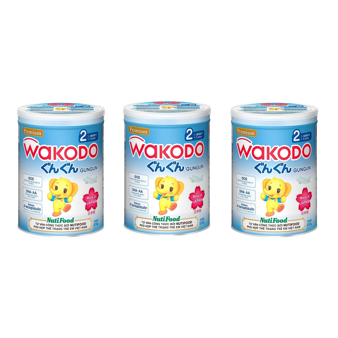 Bộ 3 Lon Sữa Bột Wakodo GunGun Số 2 - 830g