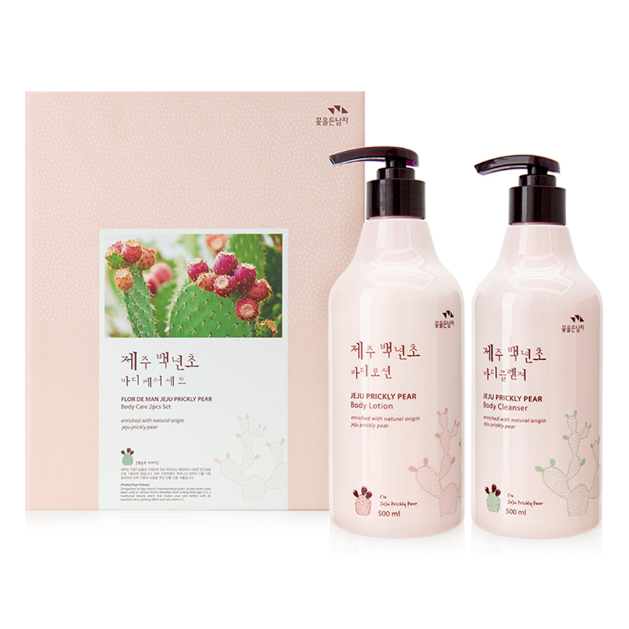 Bộ Sữa Tắm Dưỡng Thể Cosmocos Flor De Man Jeju Prickly Pear Tinh Chất Xương Rồng Gai + Bông Tắm Hàn Quốc