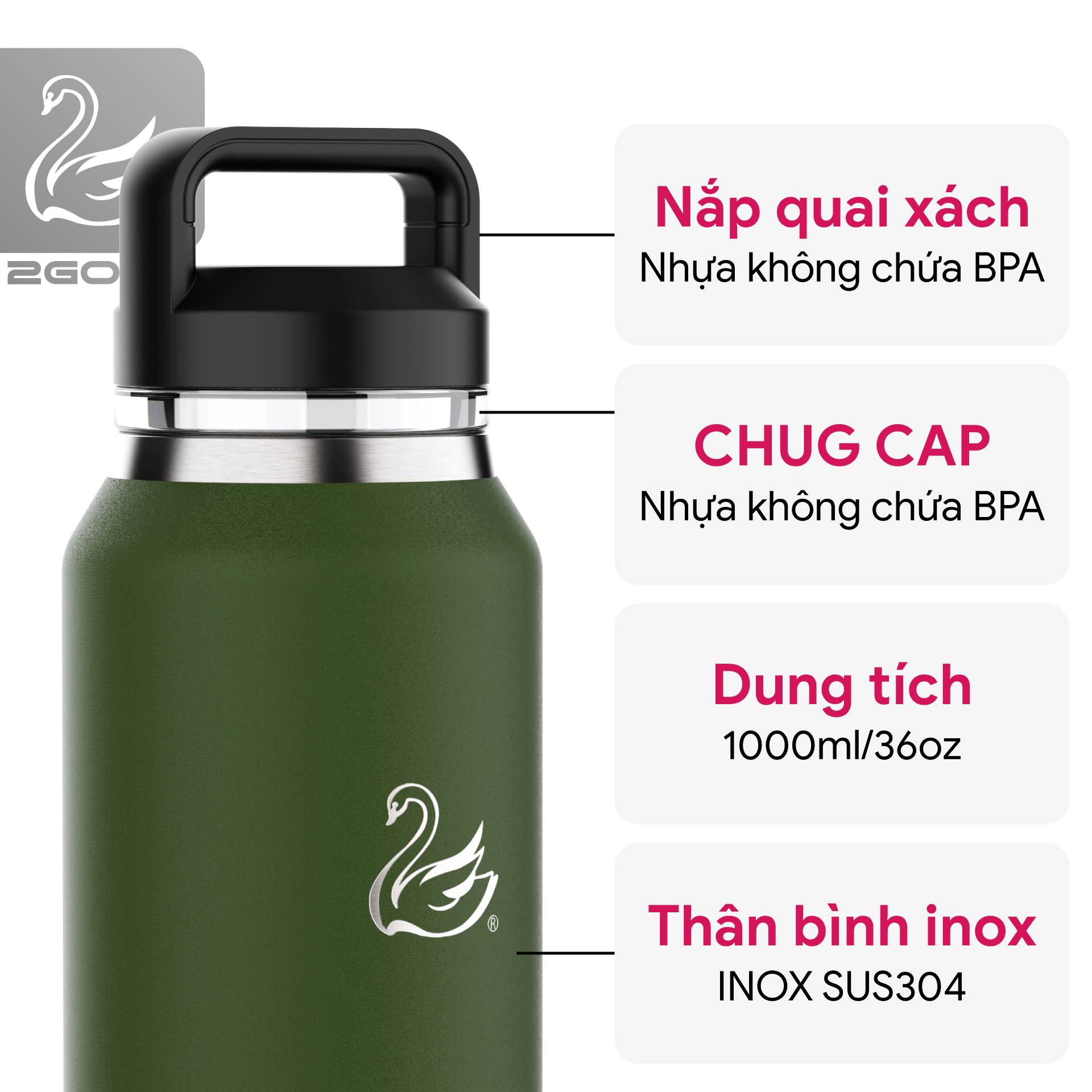 Bình giữ nhiệt 2GOOD Chug Cap CC-01 (1000ml) - Hàng Chính Hãng