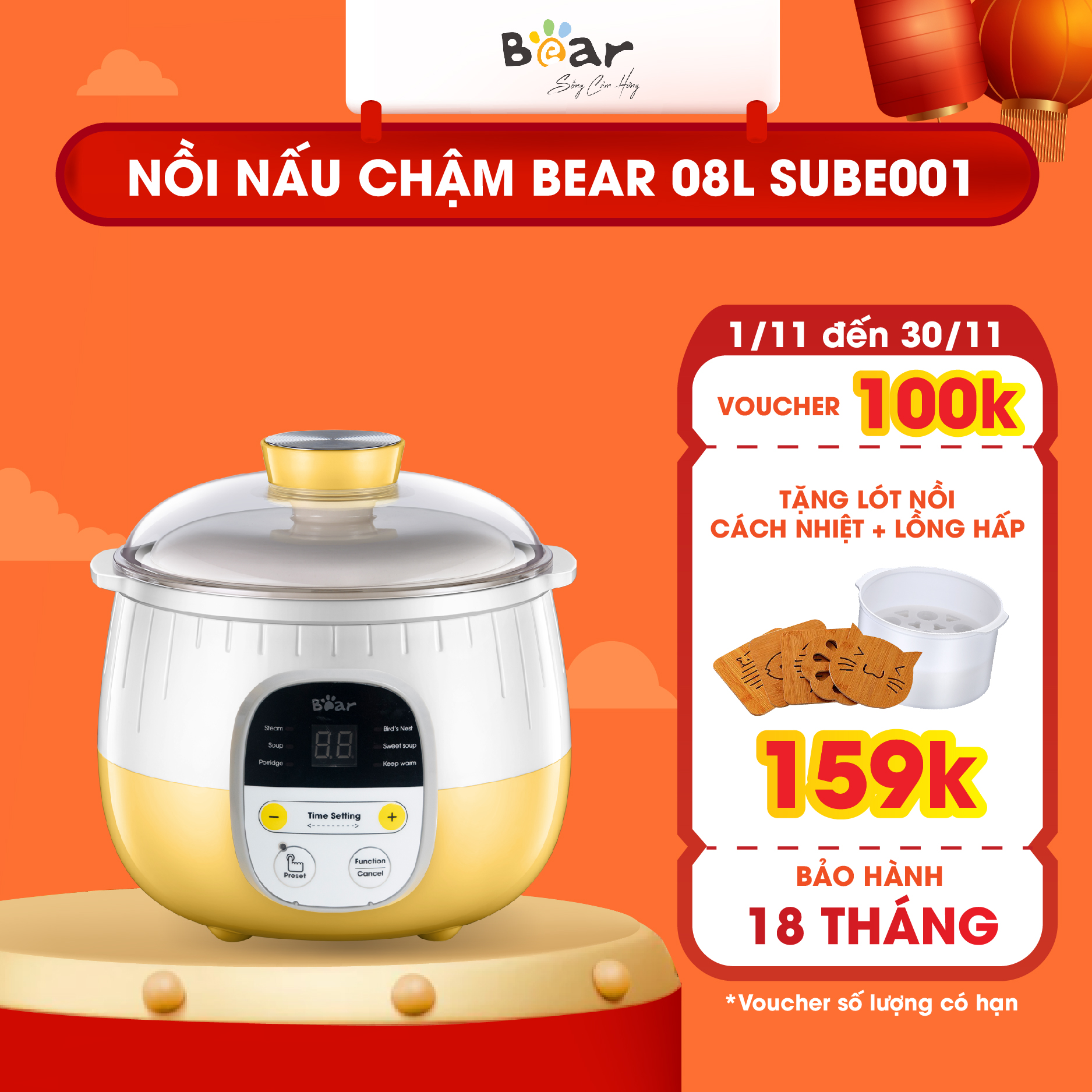 Nồi nấu chậm Bear 0.8L kèm lồng hấp (Bản quốc tế)- Hàng chính hãng