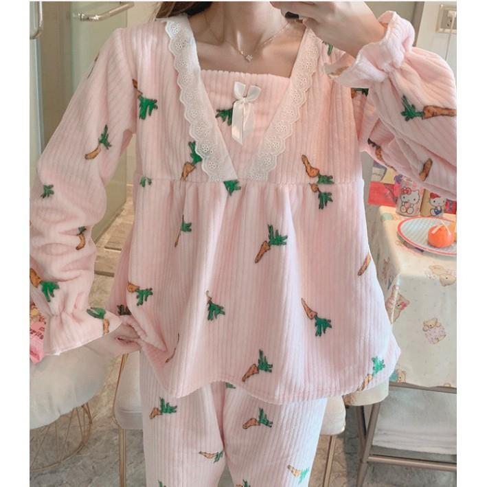 Đồ Ngủ Tay Dài Thu Đông- Đồ Bộ Pijama Chất Liệu Nhung Tăm Cho Nữ Hàng Cao Cấp Xuất Hàn MSP446