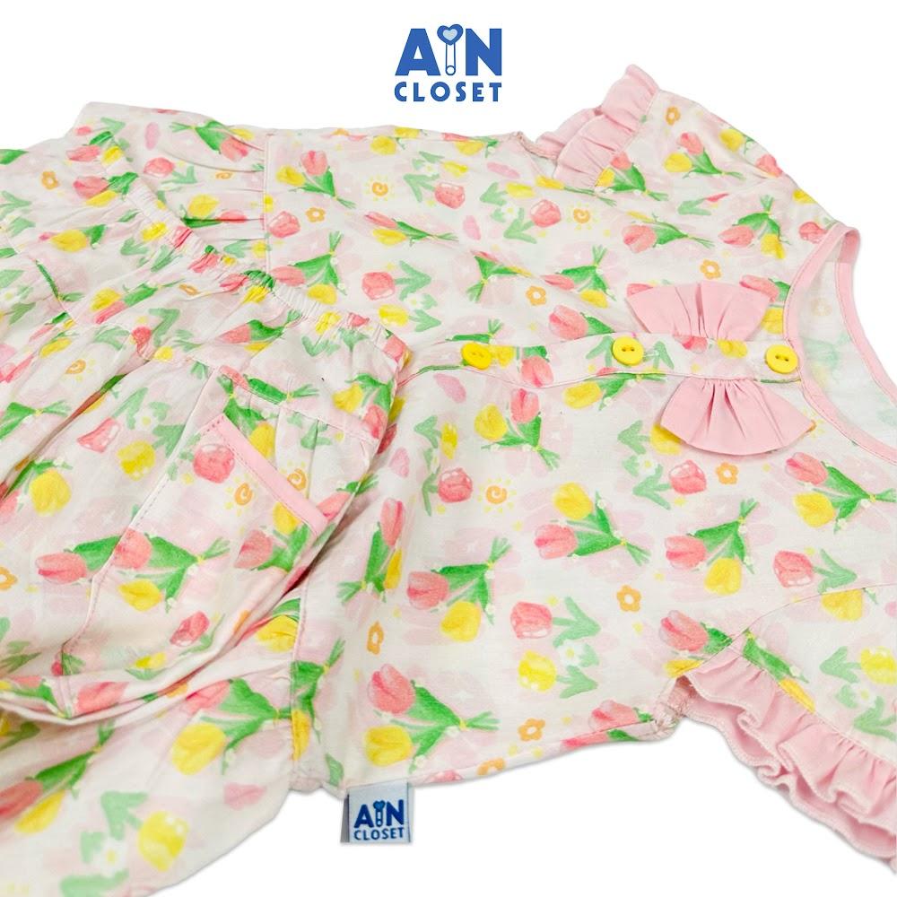 Bộ quần áo Ngắn bé gái họa tiết hoa Tulip Hồng Sữa cotton - AICDBGTIPPA9 - AIN Closet