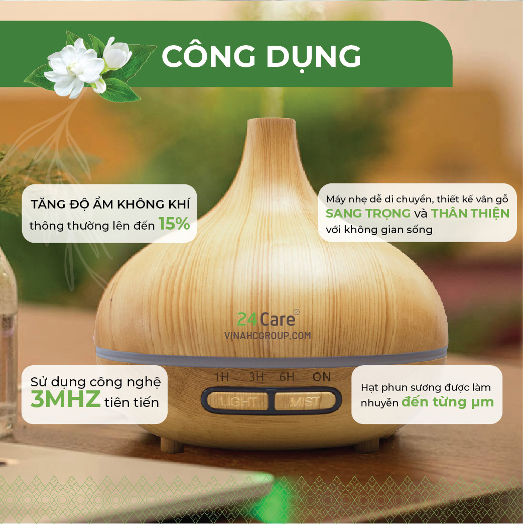 Máy khuếch tán Tinh Dầu 24Care Cổ Cao màu Vàng Ultrasonic 500ml , Tặng 2 Chai Tinh dầu Bạc Hà + 1 chai Oải Hương 24Care 10ml | Xông Phòng | Kèm Remote Điều Khiển |Công nghệ siêu âm tiên tiến.