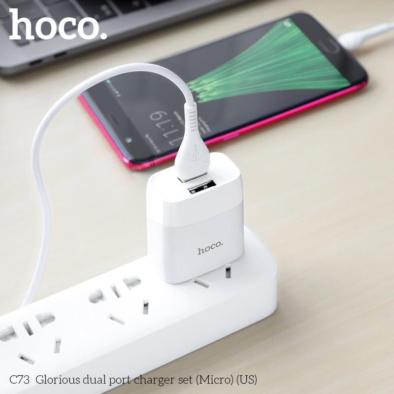 Củ sạc, bộ sạc 2 cổng USB Hoco C73 5V/2.4A Type C, Micro USB dành cho android, samsung, oppo, vivo,. hàng chính hãng