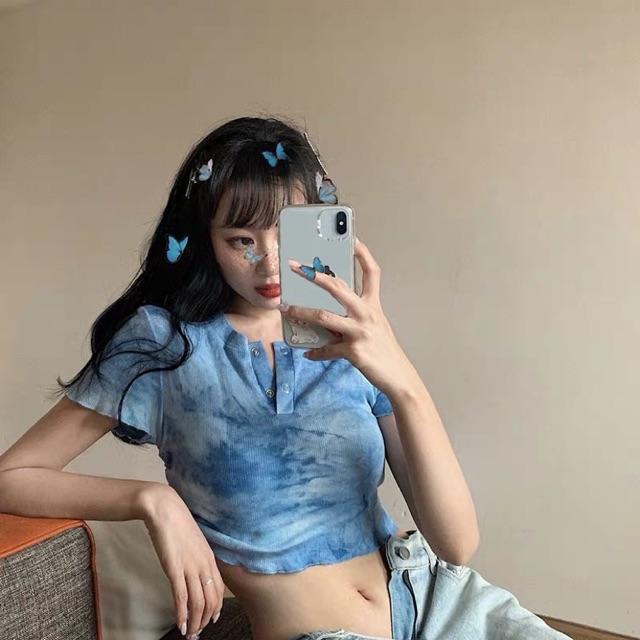 Áo croptop thun gân dây rút màu tie dye cá tính