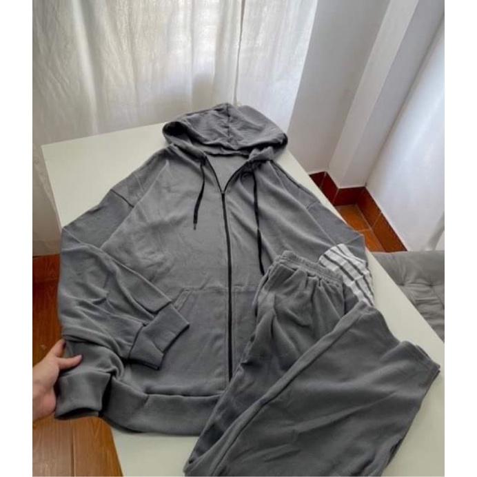Set bộ quần áo len tăm 3 sọc áo hoodie quần dài màu xám mặc thu đông