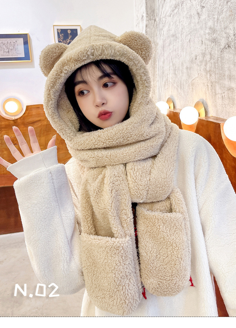 Mũ khăn quàng cổ mũ lông gấu có găng tay thời trang siêu dễ thương giữ ấm dành cho nữ