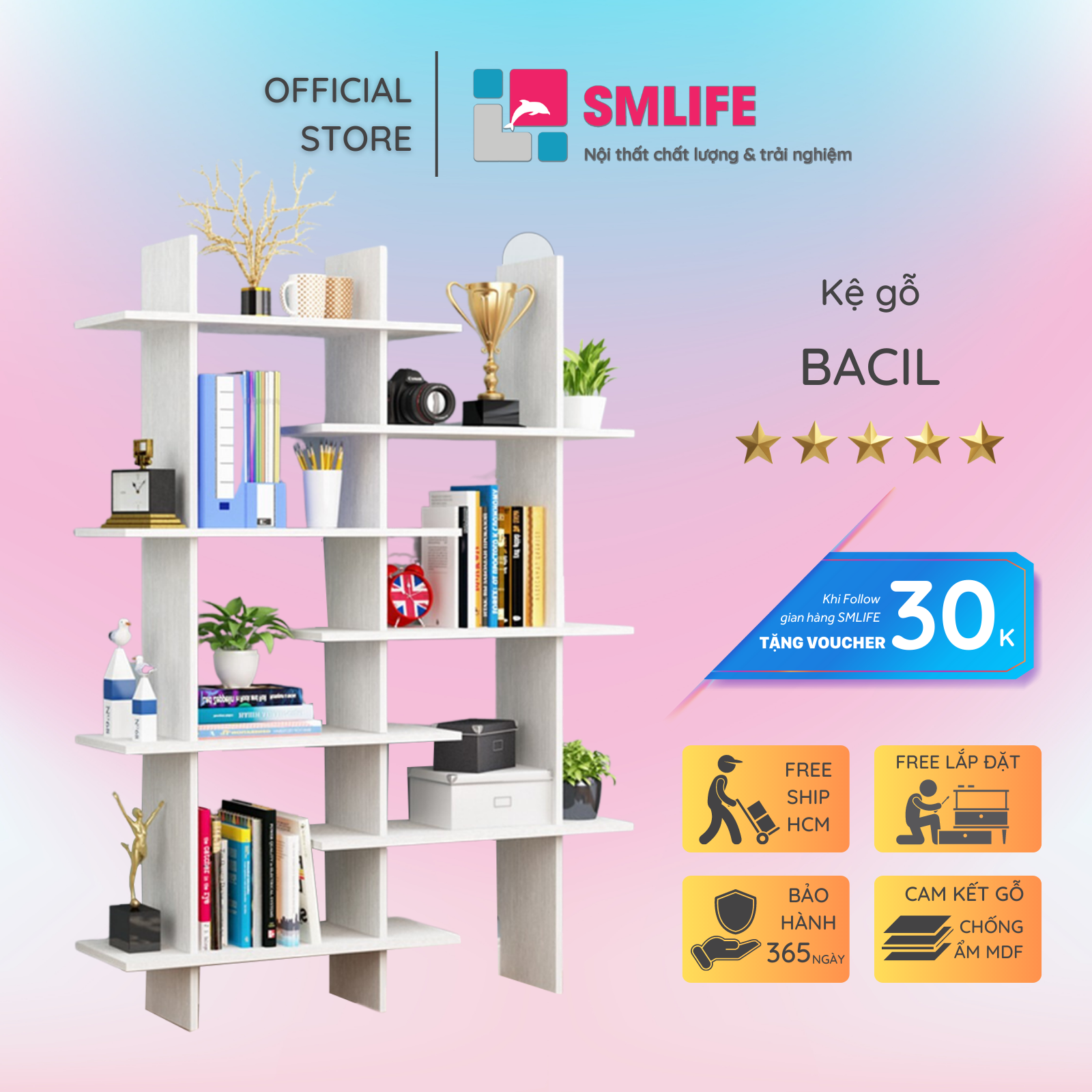 Giá sách gỗ gia đình thiết kế nhỏ gọn tiện nghi SMLIFE Bacil