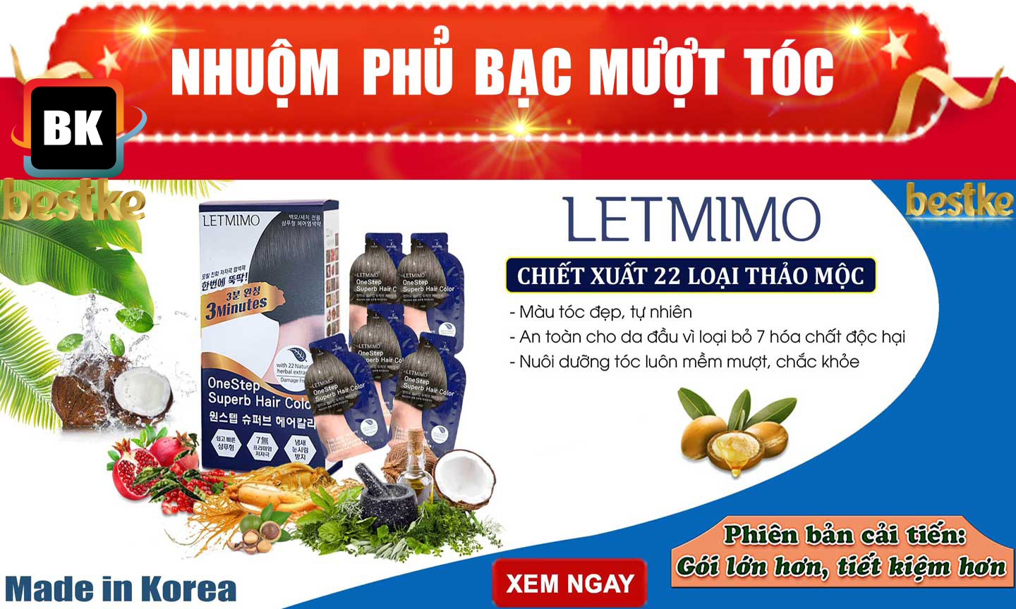 Bộ 3 Hộp = 15 gói thuốc nhuộm tóc LETMIMO màu Nâu Đen_2N, 22 loại thảo mộc + QUÀ TẶNG 2 khăn gội bestke 83*33cm 100% Cotton