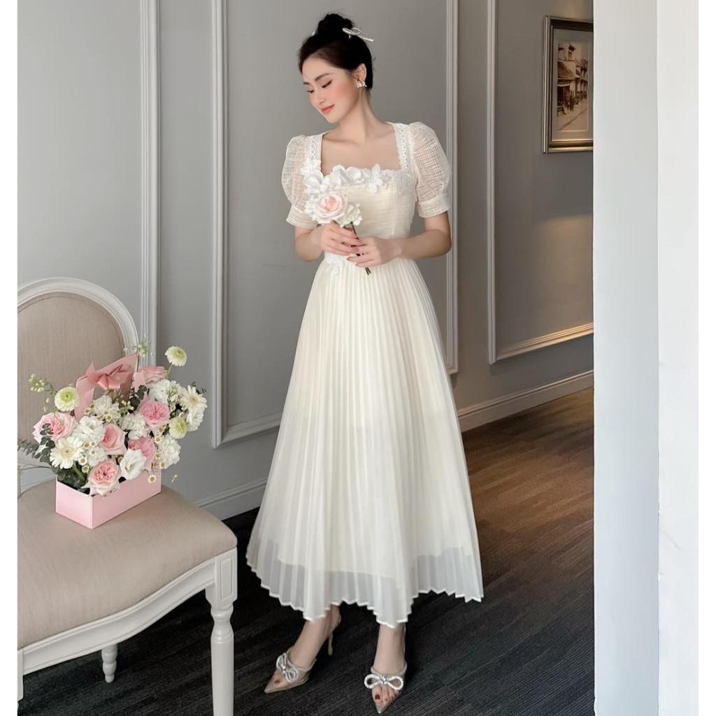 Đầm Thiết Kế MAY CH36 Chất Liệu Ren Phối Trượt Nhật Đính Hoa 3D - Đầm Dự Tiệc Sang Trọng Chuẩn MAY
