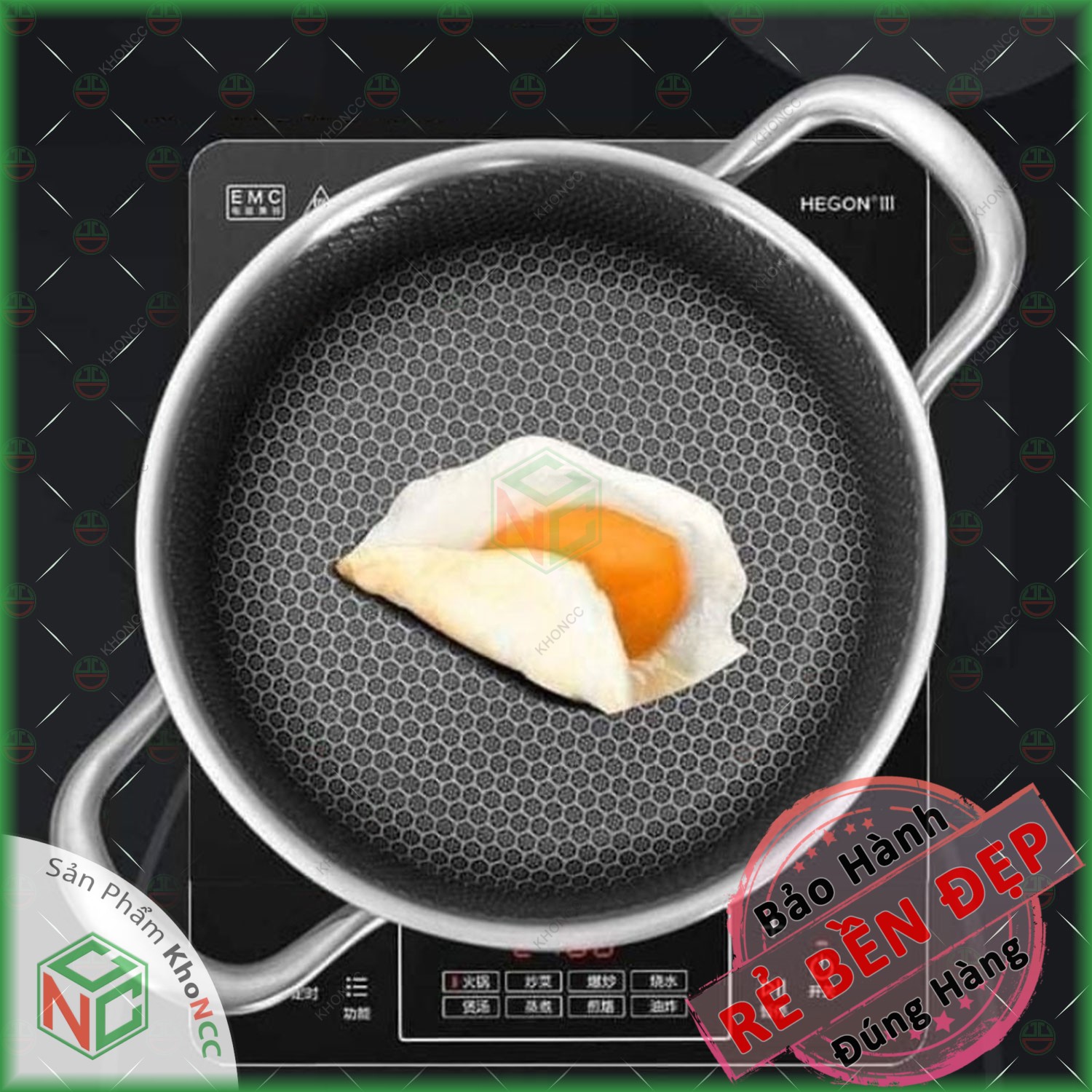 (Cực Dày) Chảo Chống Dính Vân Tổ Ong KhoNCC Hàng Chính Hãng - 2 Quai Tay Cầm - Đường Kính Cỡ 28cm - Dày Dặn Dùng Các Loại Bếp Kể Cả Bếp Từ - KLM-CCD2Q28CM