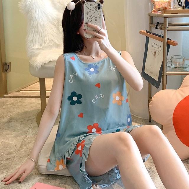 Bộ đồ mặc ở nhà dành cho nữ, bộ áo ba lỗ và quần đùi nhún bèo vải lanh mặc nhà mềm mát, trẻ trung size 35 - 75 kg