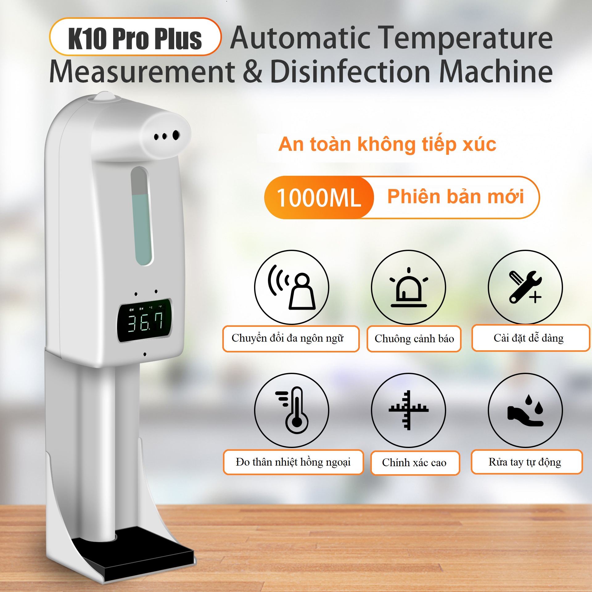 Máy đo thân nhiệt K10 pro tích hợp rửa tay tự động phun sương/nhả gel mới nhất 2021 - 15 ngôn ngữ
