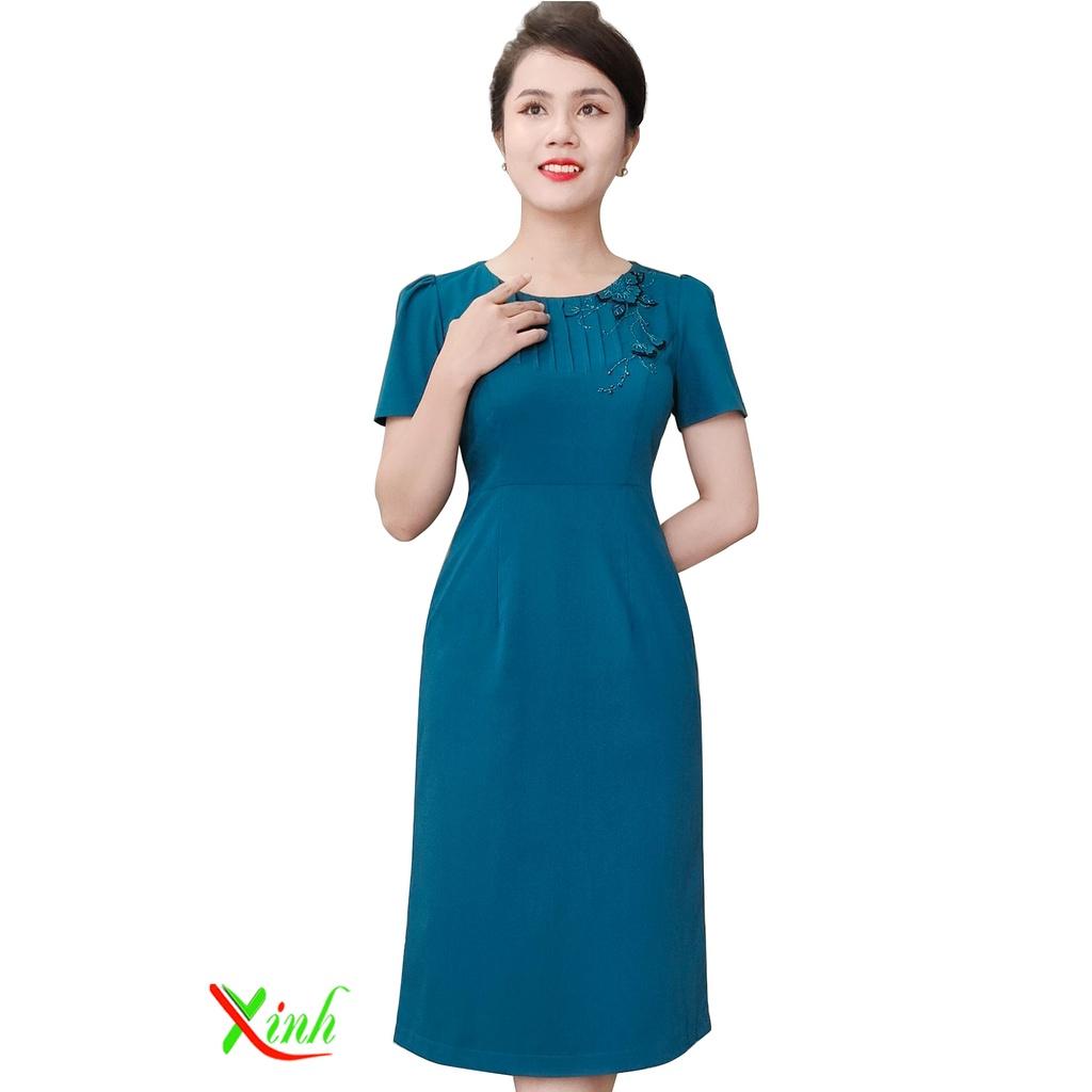 Đầm xanh vịt u kết hoa thủ công cao cấp DL922