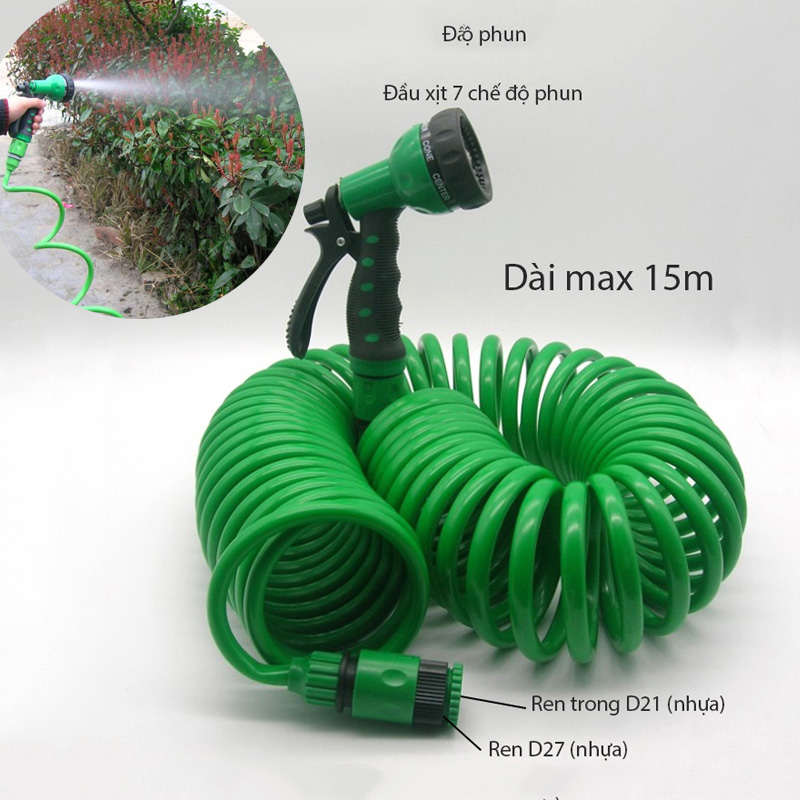 Bộ vòi xịt 7 chế độ kèm dây mềm lò xo dài max 15m (nhựa mềm) và phụ kiện đấu nối