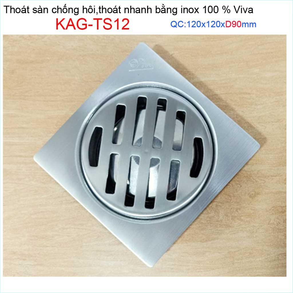 Hố ga thoát sàn Viva ống D90 Inox mờ, phễu thoát nước chống hôi vuông 12x12cm KAG-TS12