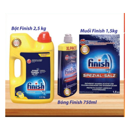 Combo rửa bát Finish: Bột 2.5kg, Muối 1.5kg, Nước làm bóng 400ml - Nhập khẩu EU