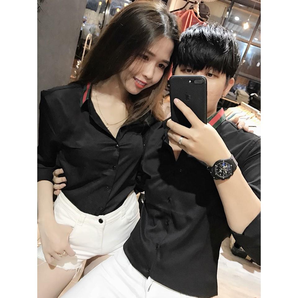 ÁO SƠ MI ĐÔI NAM NỮ ĐEN VIỀN CỔ CHẤT KATE LỤA