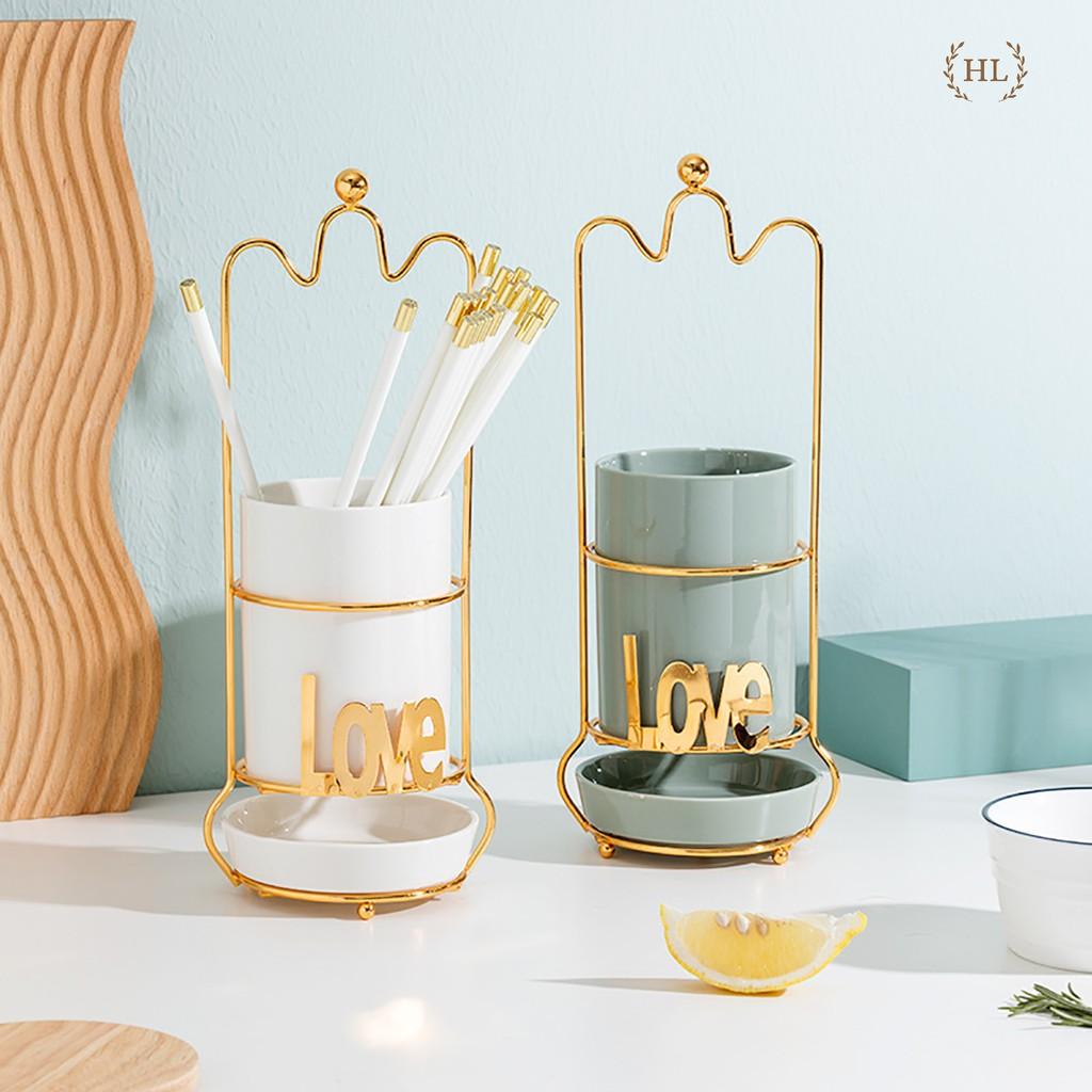 Ống đựng đũa chất liệu sứ khung hợp kim cao cấp | HŨ SỨ CÓ KHAY HỨNG NƯỚC ĐỰNG ĐŨA KHUNG INOX TẠO HÌNH LOVE YOU