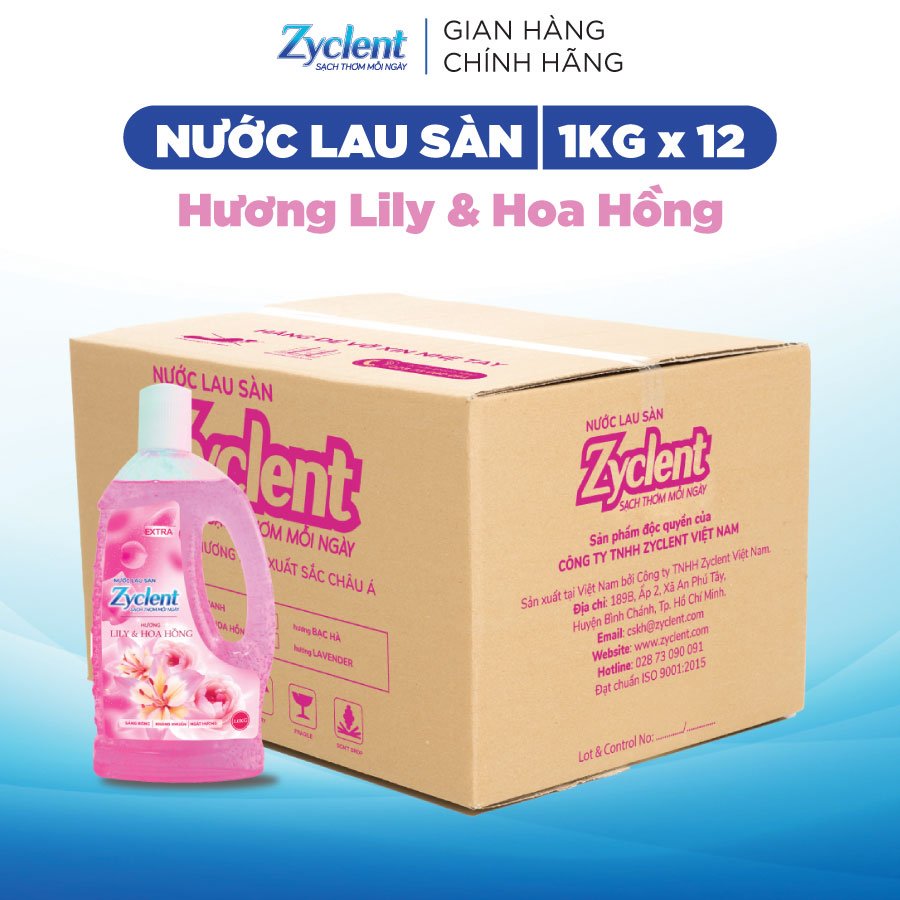 Thùng Nước Lau Sàn ZYCLENT EXTRA Hương Lily &amp; Hoa Hồng - (1KG x 12 CHAI)