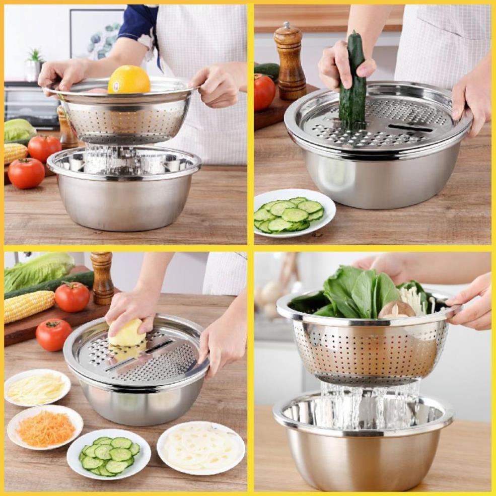 BỘ RỔ NẠO INOX ĐA NĂNG 3 CHI TIẾT SIÊU TIỆN LỢI - ĐƯỜNG KÍNH 26CM