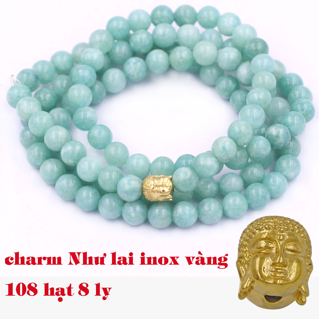 Vòng chuỗi 108 hạt đá ngọc phỉ thúy 8 ly size lớn charm đầu Phật Như lai, vòng chuỗi niệm Phật, vòng chuỗi đeo tay