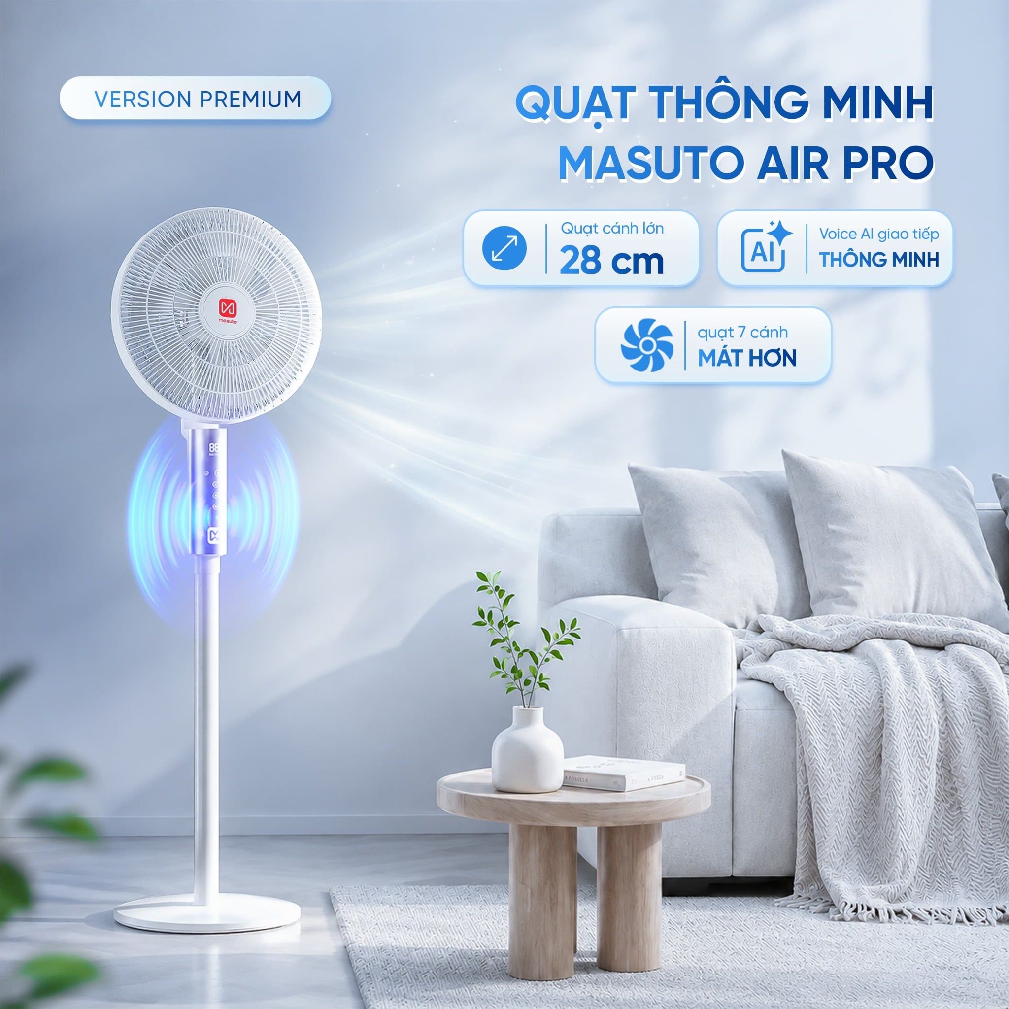 Quạt điện đứng thông minh AI Masuto Smart Air Pro cánh lớn 28cm, Điều khiển giọng nói Tiếng Việt, động cơ BLDC tiết kiệm điện, hẹn giờ 12 tiếng - Hàng chính hãng