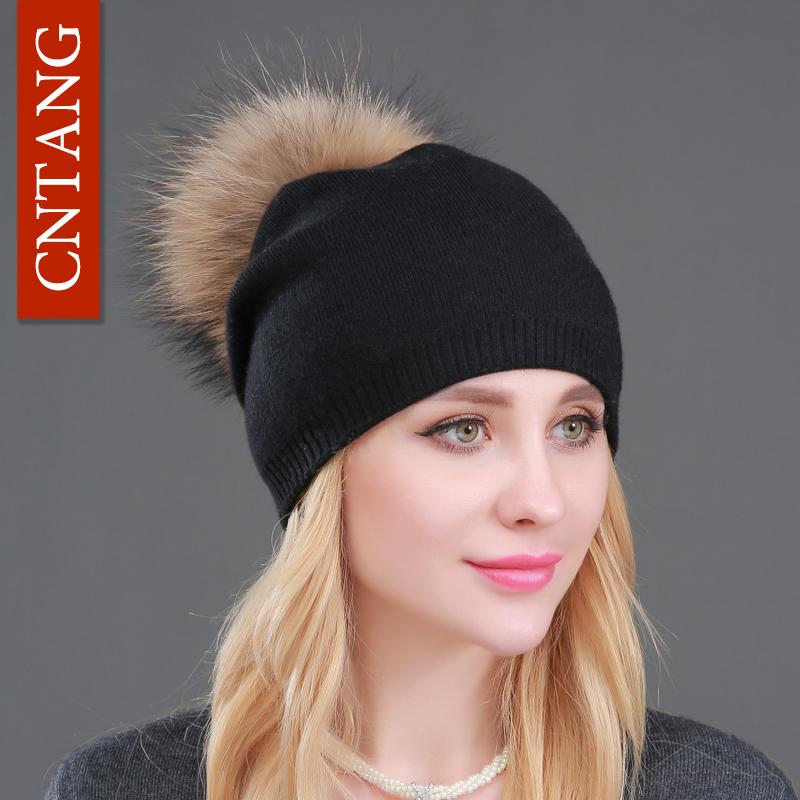 MÙA THU ĐÔNG Len Dệt Kim Mũ Nam Nữ Thời Trang Pompon Beanies Mũ Lông Thú Nữ Ấm Áp Viên Có Đá Tự Nhiên Gấu Trúc Lông Thú mũ Lưỡi Trai - one