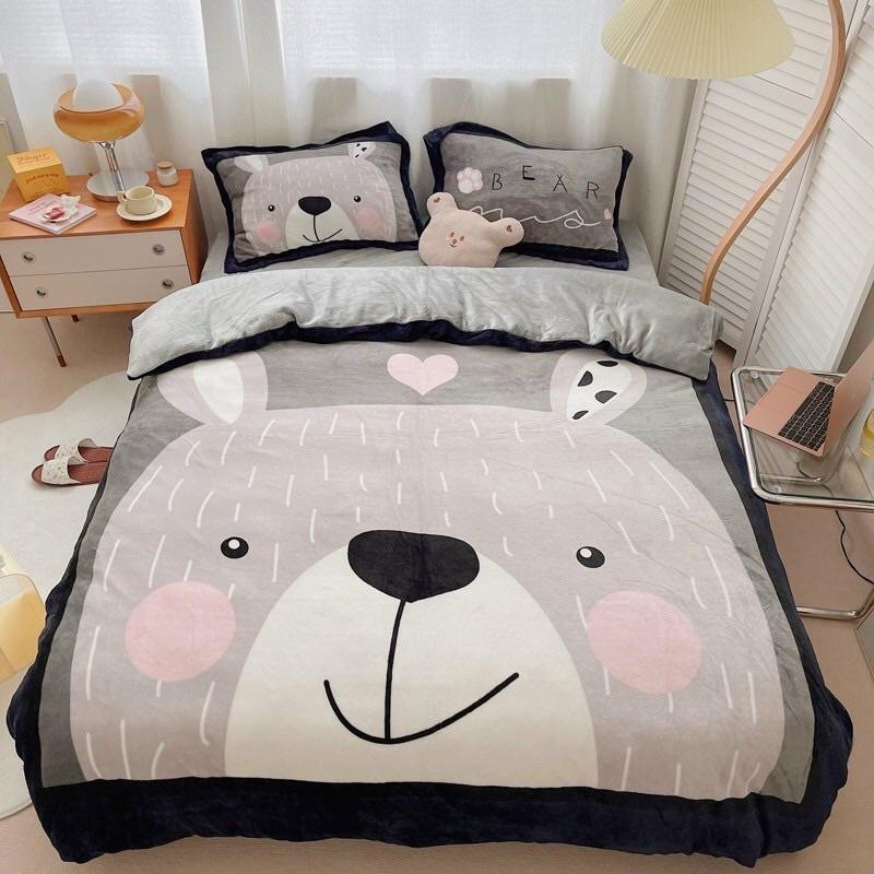 Bộ Chăn Ga Gối Đệm Cute, Chăn Ga Nỉ Nhung, Bộ Chăn Mền Ga Gối Nỉ Nhung Cao Cấp Siêu Mềm Mịn