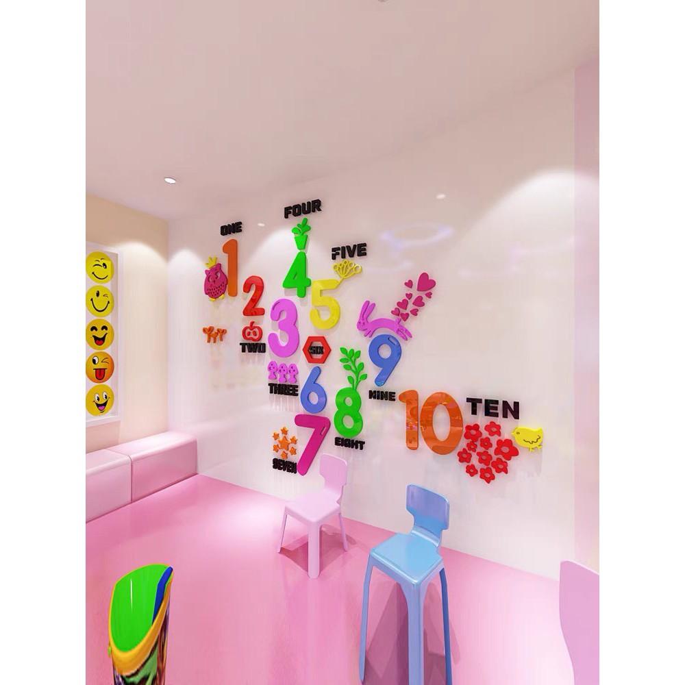 Decal dán tường mica 3D bảng số sắc màu cho bé học số, học tiếng anh, trang trí lớp học tiếng anh