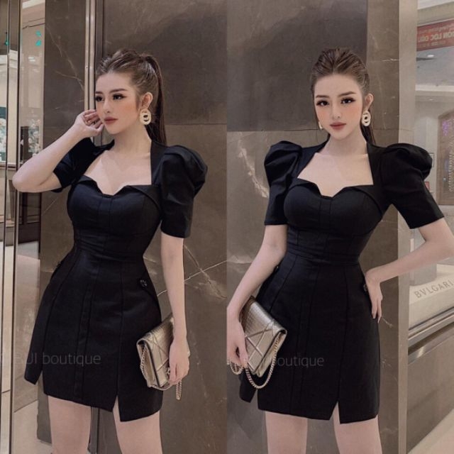 Đầm Xoè Nhẹ Tay Phồng Cổ Kiểu Lai Xẻ V Nhỏ Hàng Thiết Kế