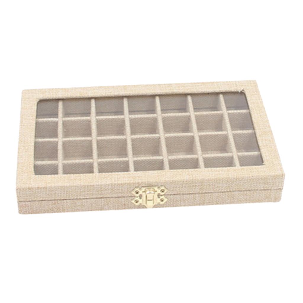 Sackcloth Linen Clear Lid Jewelry Tray Showcase Display Storage Box