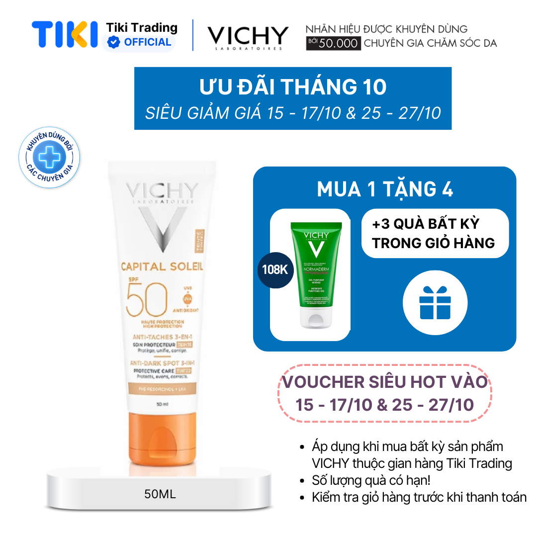 Kem chống nắng giảm thâm nám SPF50 Vichy Capital Soleil UVB+UVA Anti DarkSpot 3in1 50ml