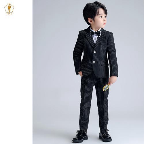 Set bộ vest TRAZ công tử màu đen xanh sọc vest đầy tháng thôi nôi bé trai
