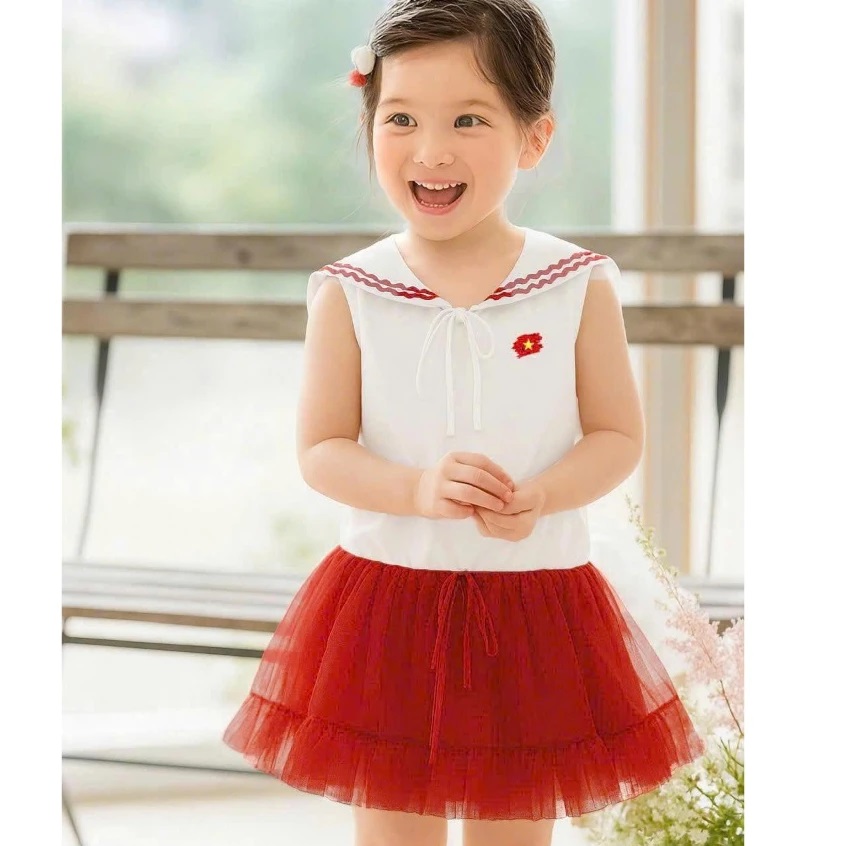 Set Váy Cờ Đỏ Sao Vàng – Áo Thủy Thủ Kate Cotton + Váy Lưới Từ 12-36kg Dành Cho Bé Gái