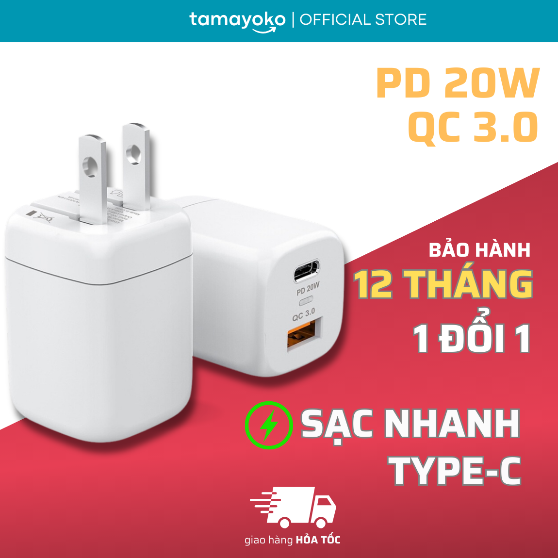 Hình ảnh Củ Sạc Nhanh 20W 2 Cổng Power Delivery Quick Charge QC 3.0. Chứng Nhận CE/FCC/ROSH - Hàng Chính Hãng Tamayoko