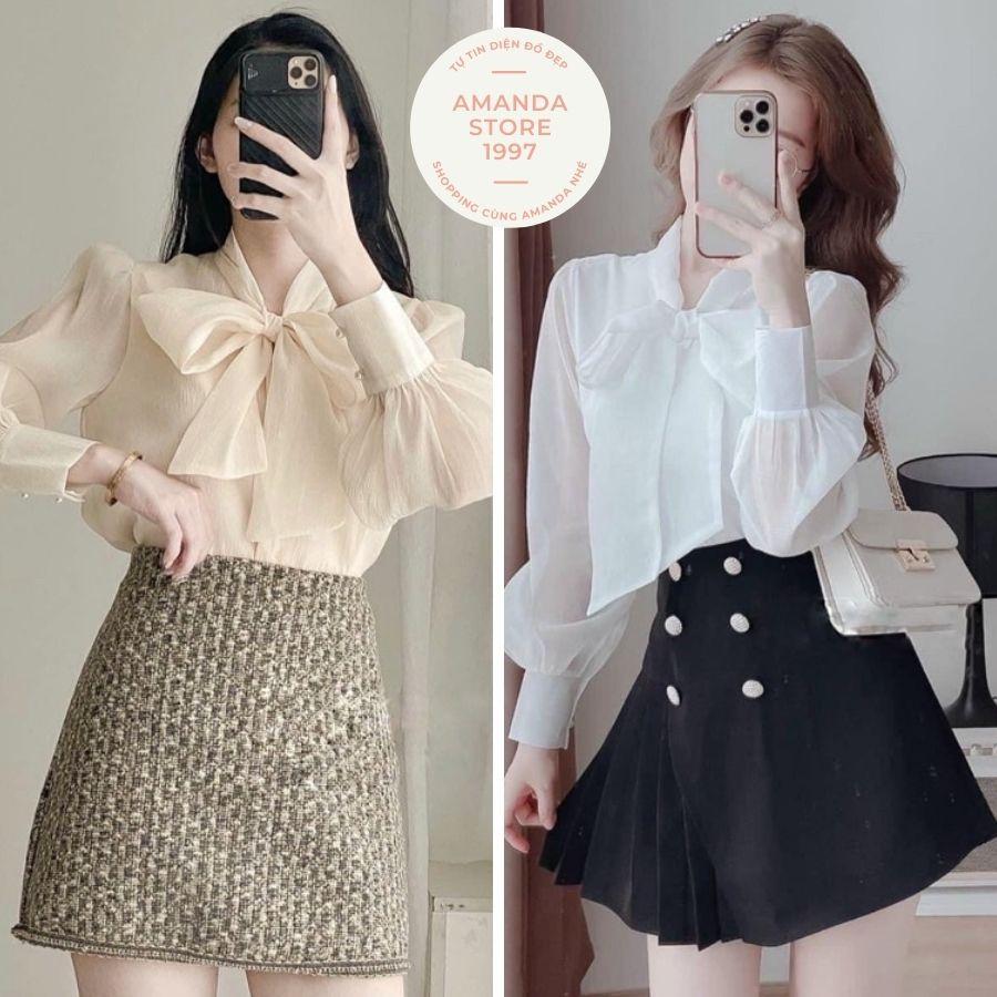 Áo Sơ Mi Nữ Cổ Nơ Dài Tay Hàng Cúc Ngọc Siêu Xinh. Áo sơ mi chất Voan cổ nơ cúc ngọc sang chảnh