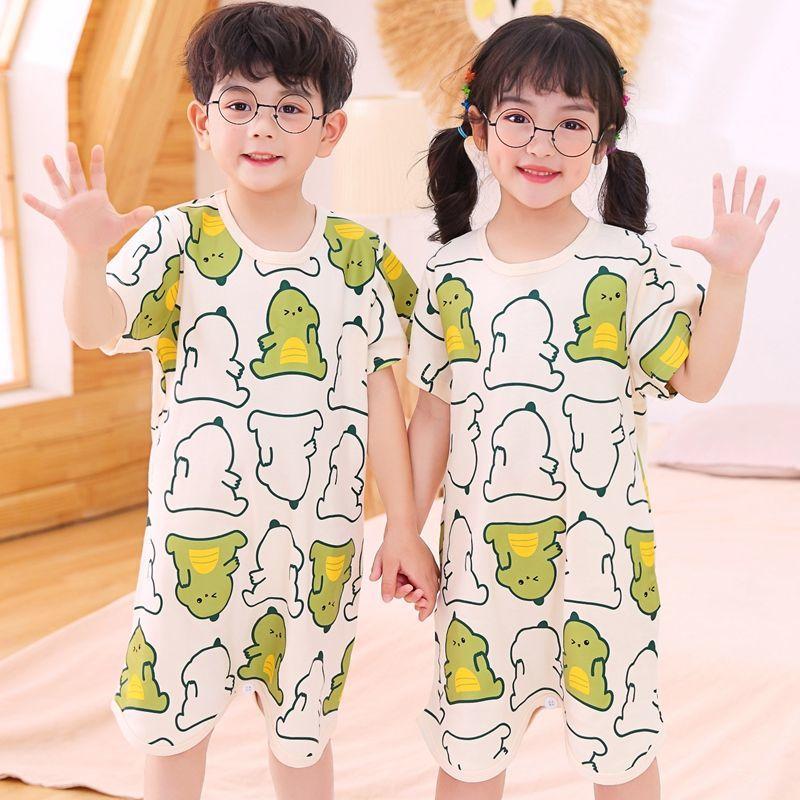 Trẻ Em Bộ Đồ Ngủ Onesie Cotton Thun Tay Ngắn Bé Trai Bé Gái Túi Ngủ Trẻ Em Khủng Long Homewear Đồ Ngủ Quần Áo Liền Quần