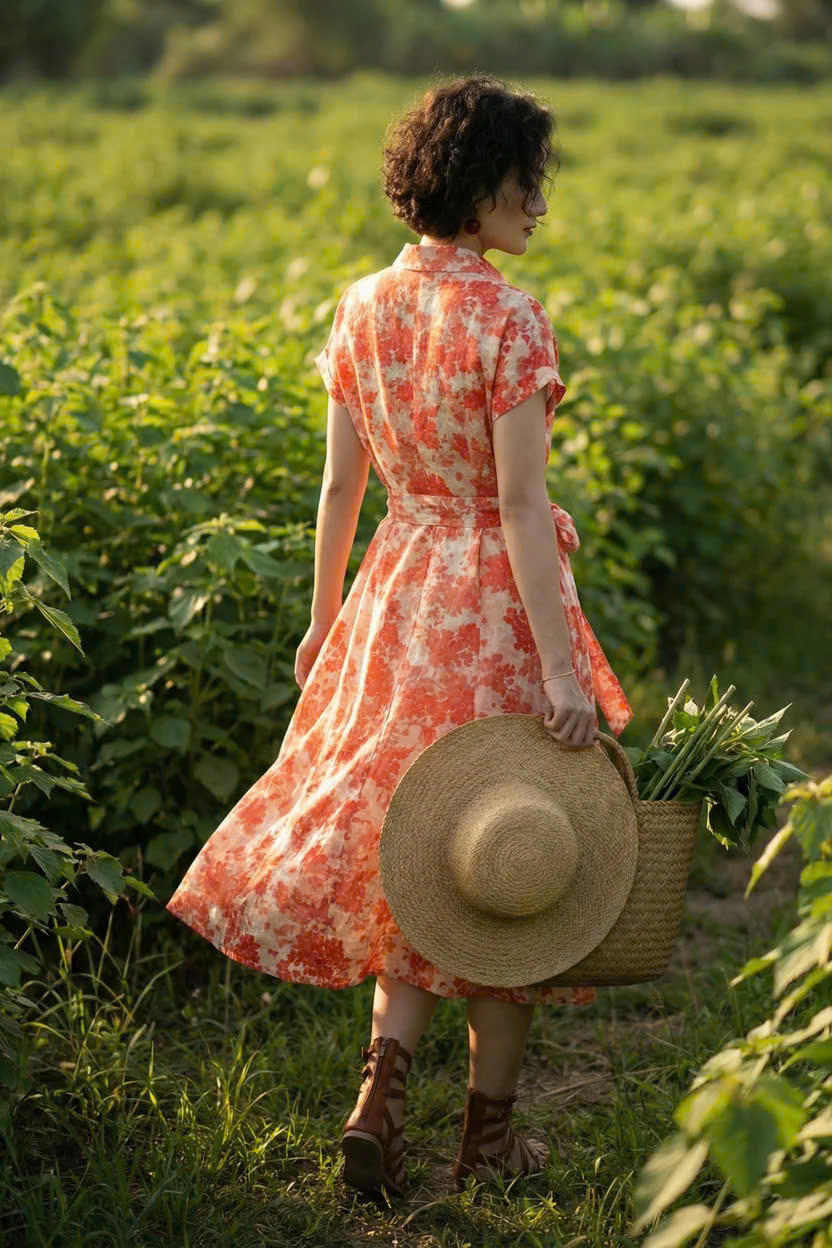 Đầm Sơ Mi Ramie Hoa Đỏ Thanh Minh Dre232 Thời trang Hity