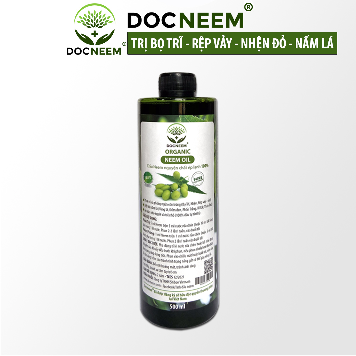 Dầu neem oil nguyên chất DOCNEEM hữu cơ phòng trị sâu bệnh hoa hồng, phong lan, cây cảnh, ép lạnh 500ml