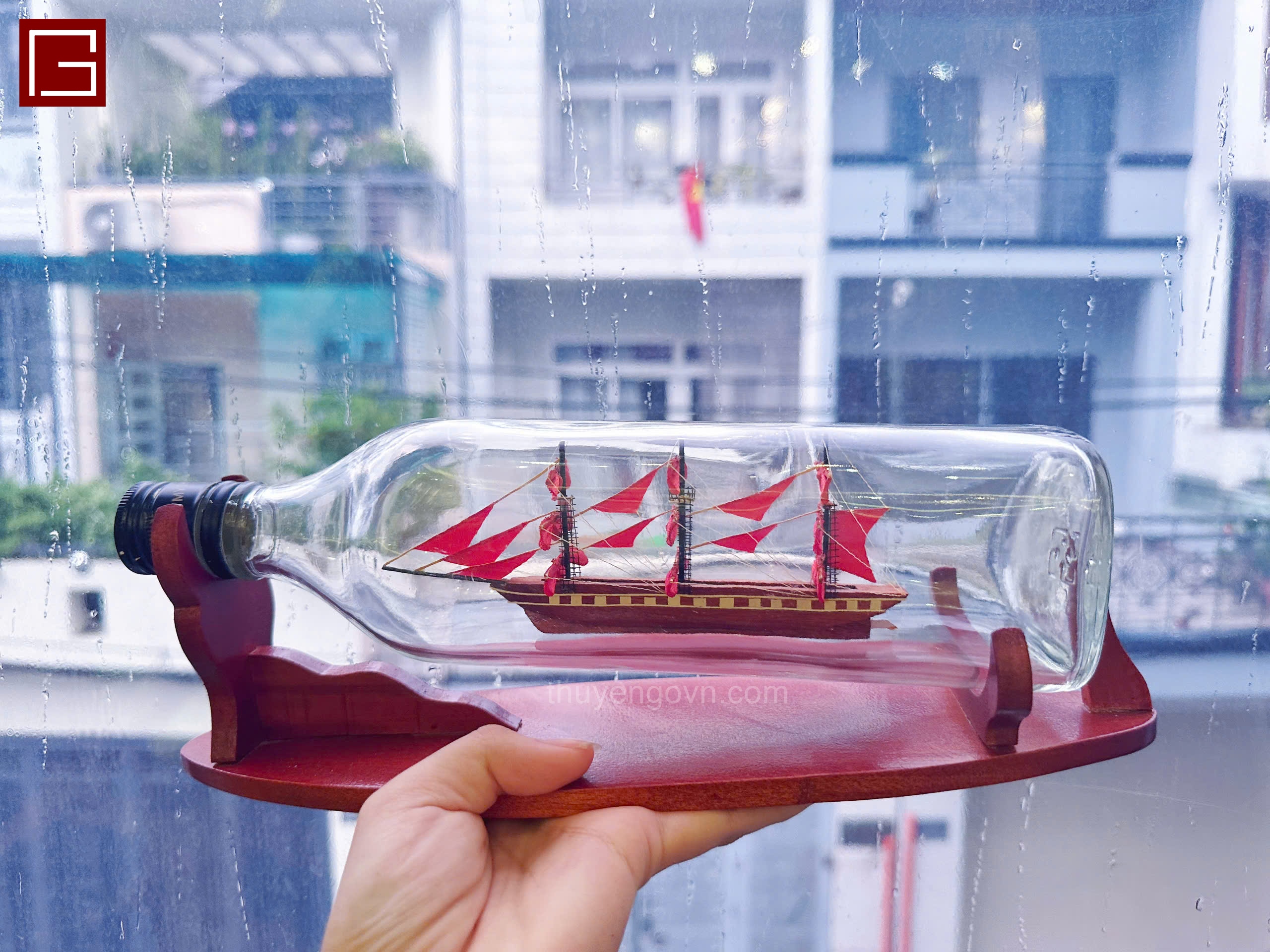 Thuyền chai trang trí, thuyền trong chai SQUARE DẠNG NẰM, mô hình thuyền gỗ phong thủy, hàng chính hãng