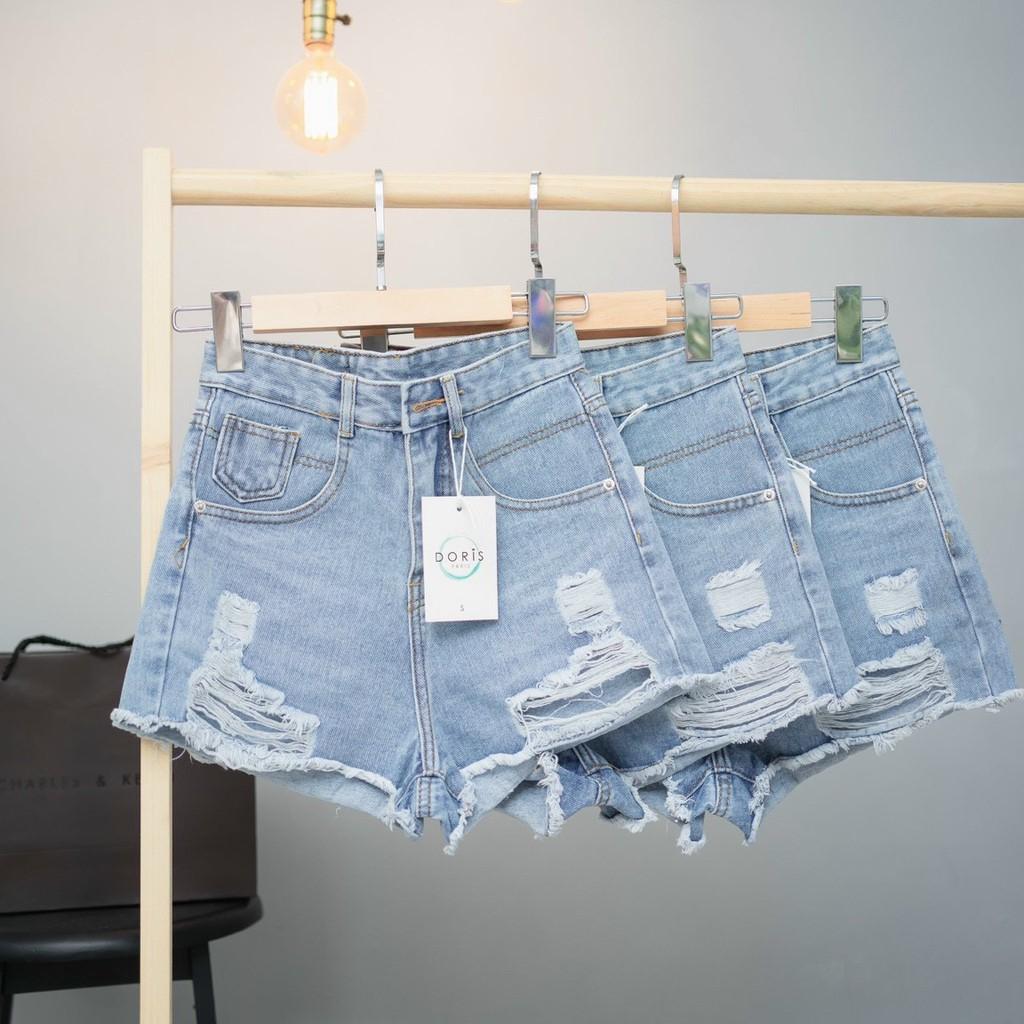 Quần short jean nữ lưng cao phối rách denim cotton, rin ngắn phối rách William - AT87