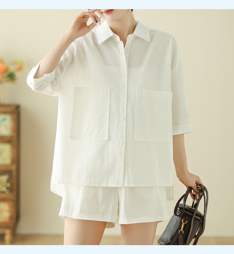 Bộ đồ cho nữ 2 chi tiết gồm áo sơ mi có túi và quần short dáng chữ A, set linen nữ hàn quốc