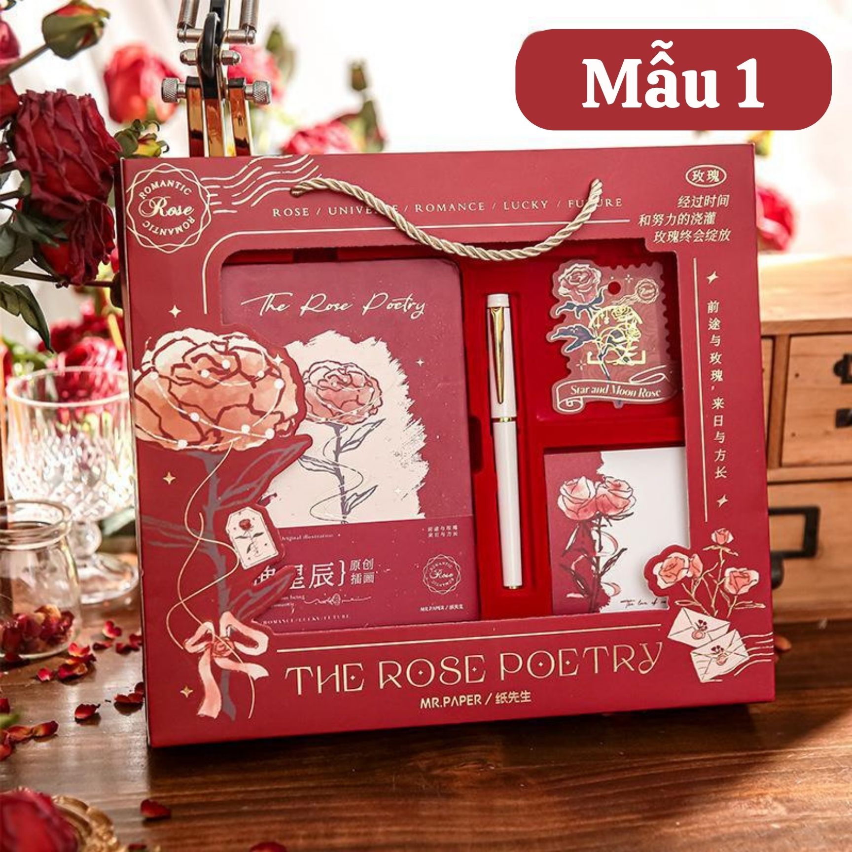 Bộ quà tặng phong cách cổ điển, vintage - sổ tay bìa cứng kẻ ngang hoa hồng rose
